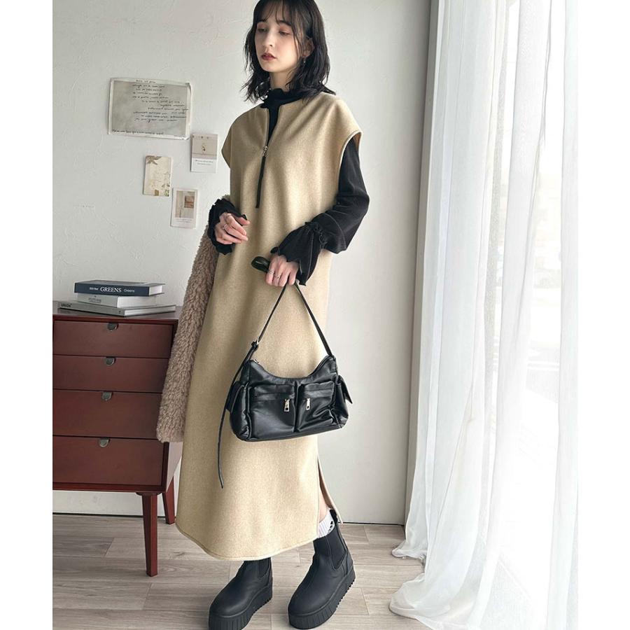 ワンピース レディース 前後 2way フェイク ウール 素材 ハーフ　ジップ ワンピ オーバーサイズ ロングシーズン 裾 スリット | classicalelf | 10