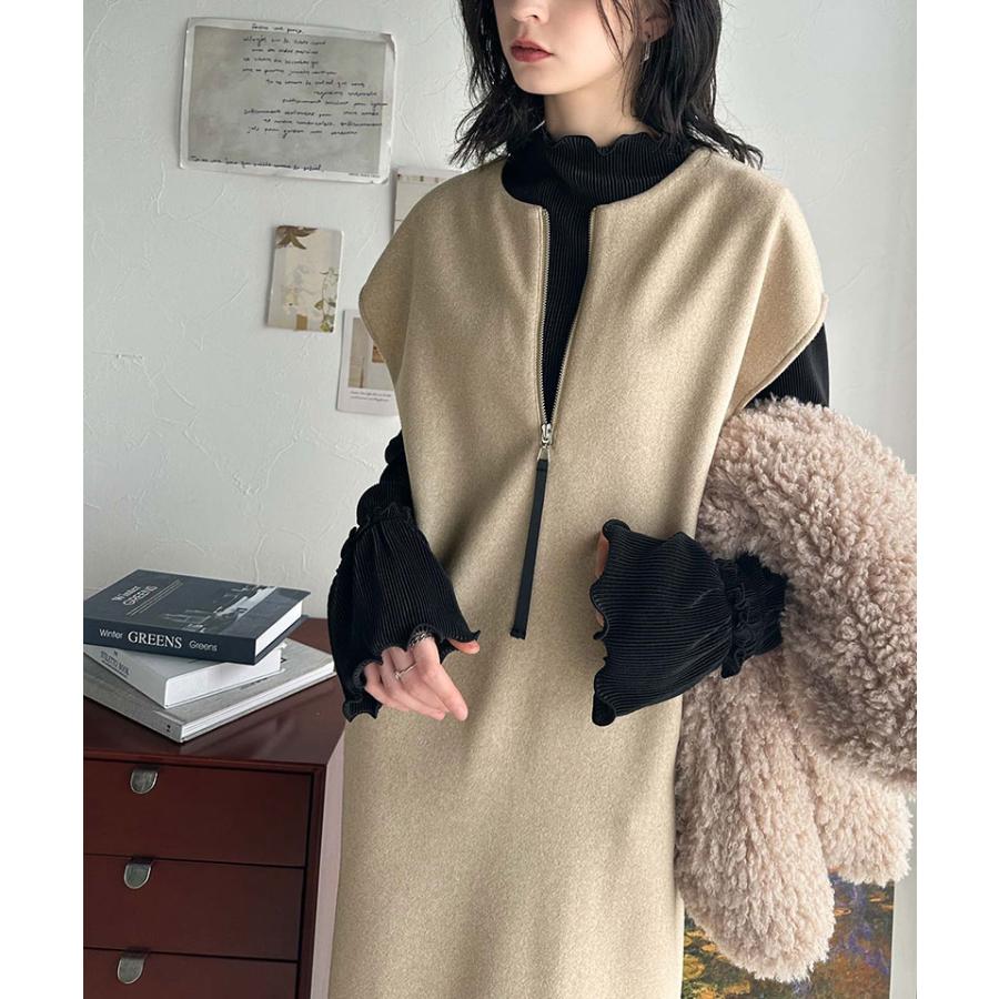 ワンピース レディース 前後 2way フェイク ウール 素材 ハーフ　ジップ ワンピ オーバーサイズ ロングシーズン 裾 スリット | classicalelf | 11