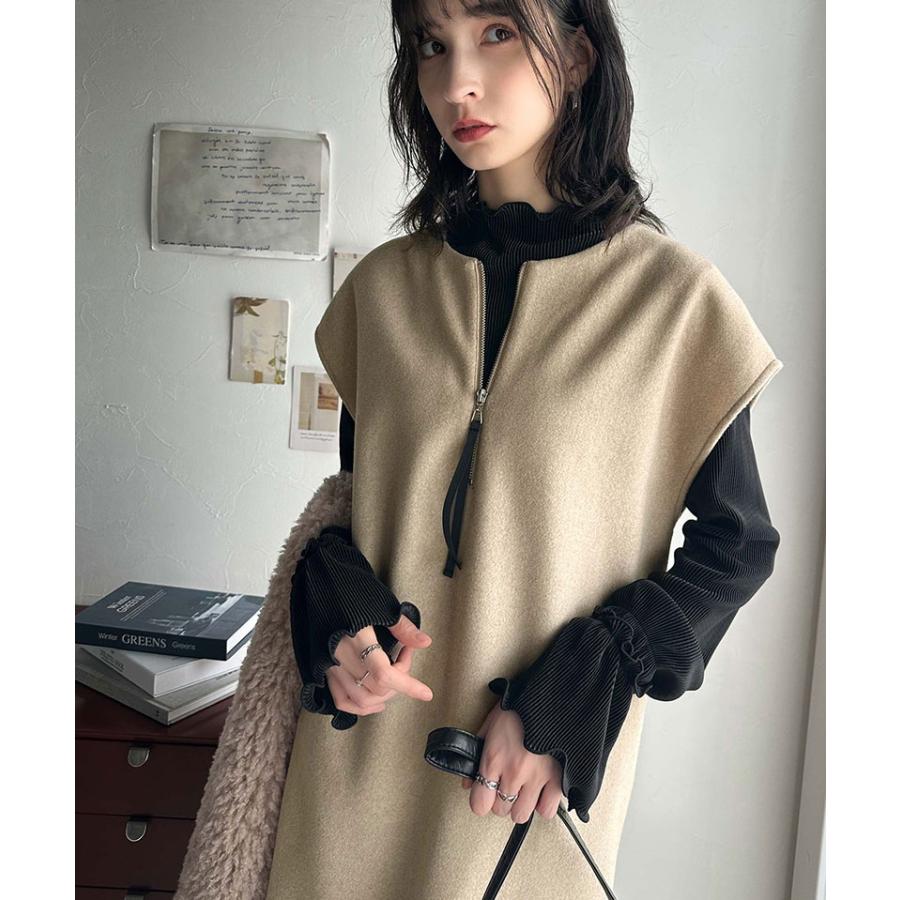 ワンピース レディース 前後 2way フェイク ウール 素材 ハーフ　ジップ ワンピ オーバーサイズ ロングシーズン 裾 スリット | classicalelf | 15