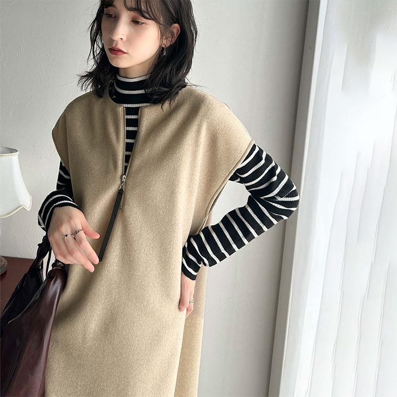 ワンピース レディース 前後 2way フェイク ウール 素材 ハーフ　ジップ ワンピ オーバーサイズ ロングシーズン 裾 スリット | classicalelf | 18