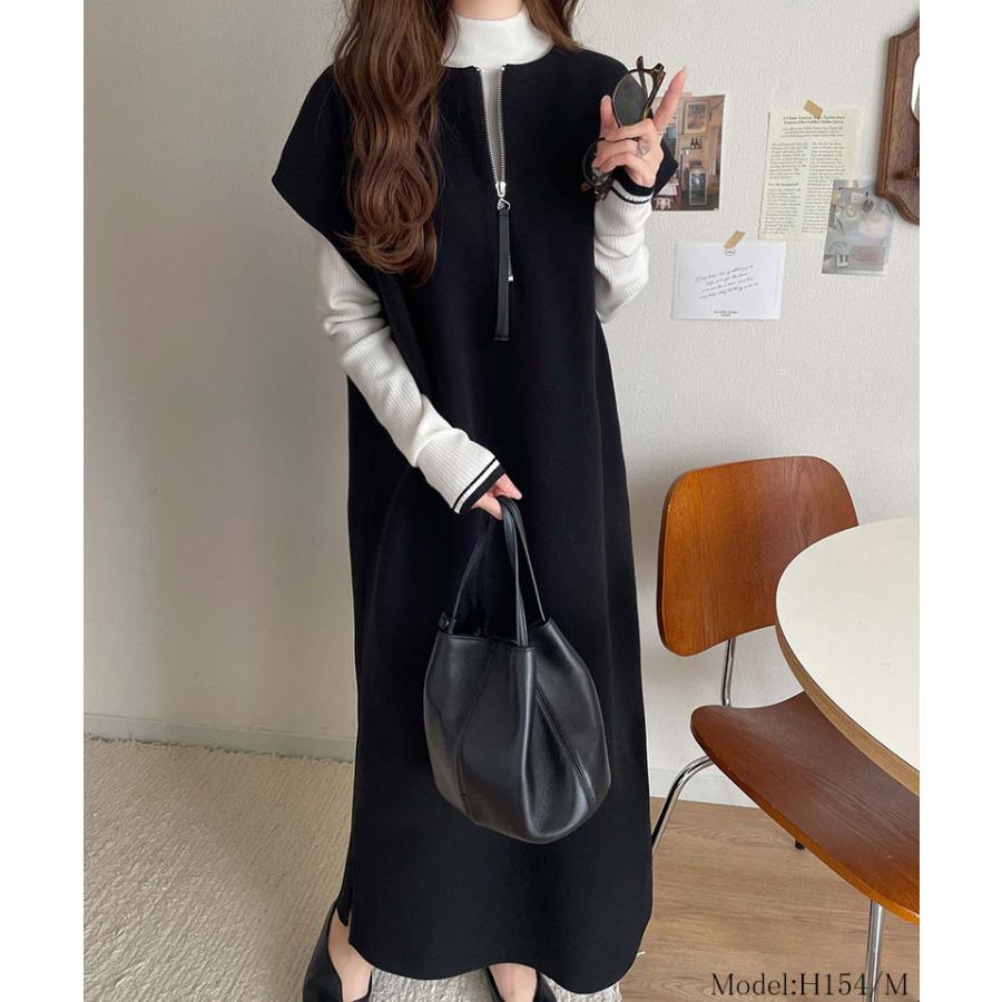 ワンピース レディース 前後 2way フェイク ウール 素材 ハーフ　ジップ ワンピ オーバーサイズ ロングシーズン 裾 スリット | classicalelf | 02