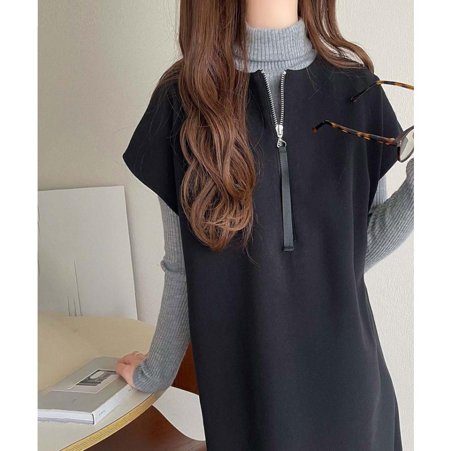 ワンピース レディース 前後 2way フェイク ウール 素材 ハーフ　ジップ ワンピ オーバーサイズ ロングシーズン 裾 スリット | classicalelf | 03