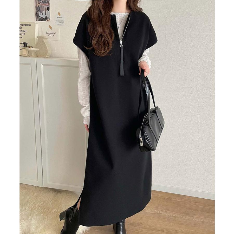 ワンピース レディース 前後 2way フェイク ウール 素材 ハーフ　ジップ ワンピ オーバーサイズ ロングシーズン 裾 スリット | classicalelf | 04