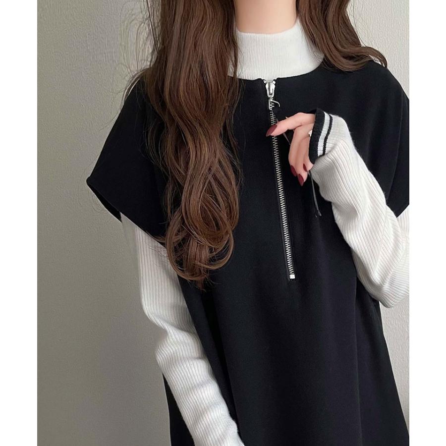ワンピース レディース 前後 2way フェイク ウール 素材 ハーフ　ジップ ワンピ オーバーサイズ ロングシーズン 裾 スリット | classicalelf | 05