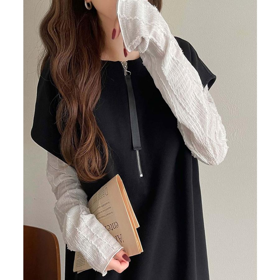 ワンピース レディース 前後 2way フェイク ウール 素材 ハーフ　ジップ ワンピ オーバーサイズ ロングシーズン 裾 スリット | classicalelf | 06