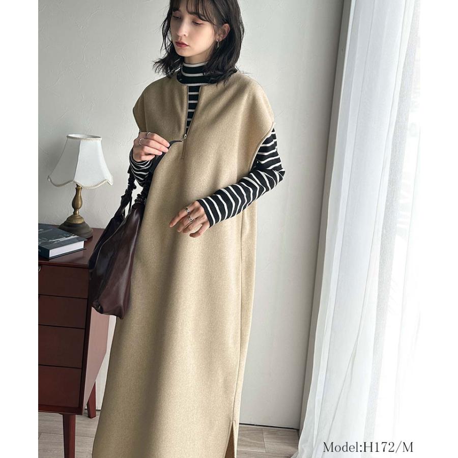 ワンピース レディース 前後 2way フェイク ウール 素材 ハーフ　ジップ ワンピ オーバーサイズ ロングシーズン 裾 スリット | classicalelf | 09