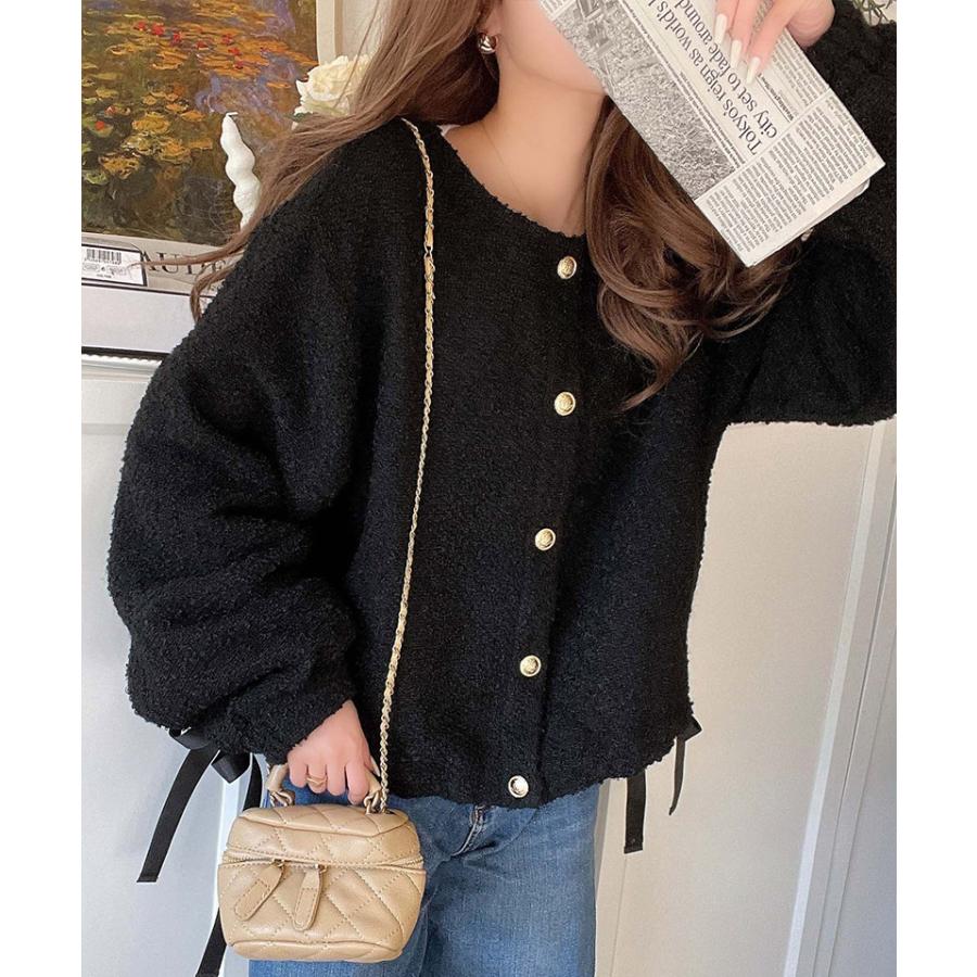 トップス カーディガン レディース ブークレ素材 ふわふわ サイドリボン ゴールド釦 ニット 前後2way ドロスト フェミニン 上品 キュート | classicalelf | 10