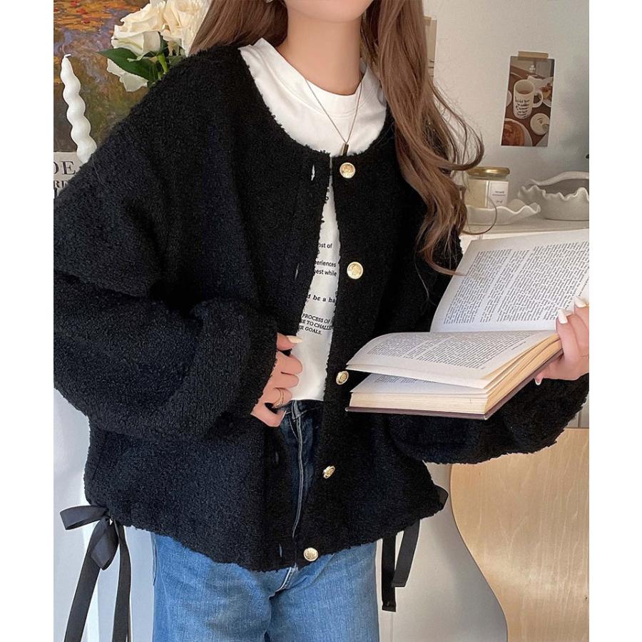 トップス カーディガン レディース ブークレ素材 ふわふわ サイドリボン ゴールド釦 ニット 前後2way ドロスト フェミニン 上品 キュート | classicalelf | 11