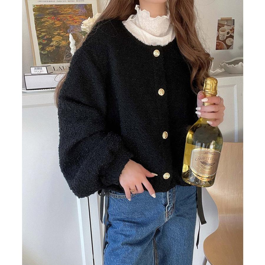 トップス カーディガン レディース ブークレ素材 ふわふわ サイドリボン ゴールド釦 ニット 前後2way ドロスト フェミニン 上品 キュート | classicalelf | 12