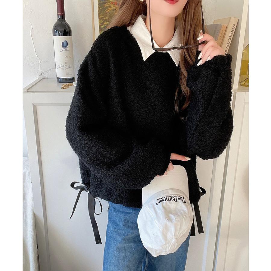 トップス カーディガン レディース ブークレ素材 ふわふわ サイドリボン ゴールド釦 ニット 前後2way ドロスト フェミニン 上品 キュート | classicalelf | 13