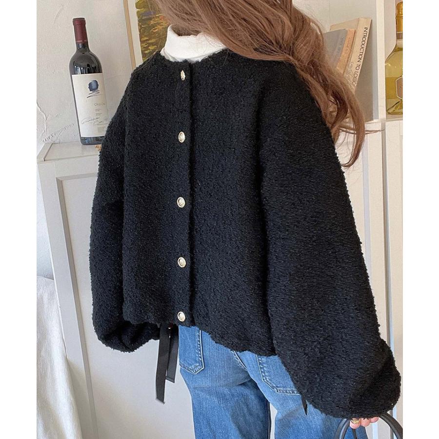 トップス カーディガン レディース ブークレ素材 ふわふわ サイドリボン ゴールド釦 ニット 前後2way ドロスト フェミニン 上品 キュート | classicalelf | 14