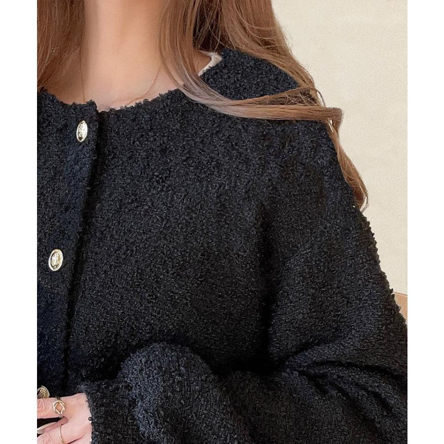 トップス カーディガン レディース ブークレ素材 ふわふわ サイドリボン ゴールド釦 ニット 前後2way ドロスト フェミニン 上品 キュート | classicalelf | 15