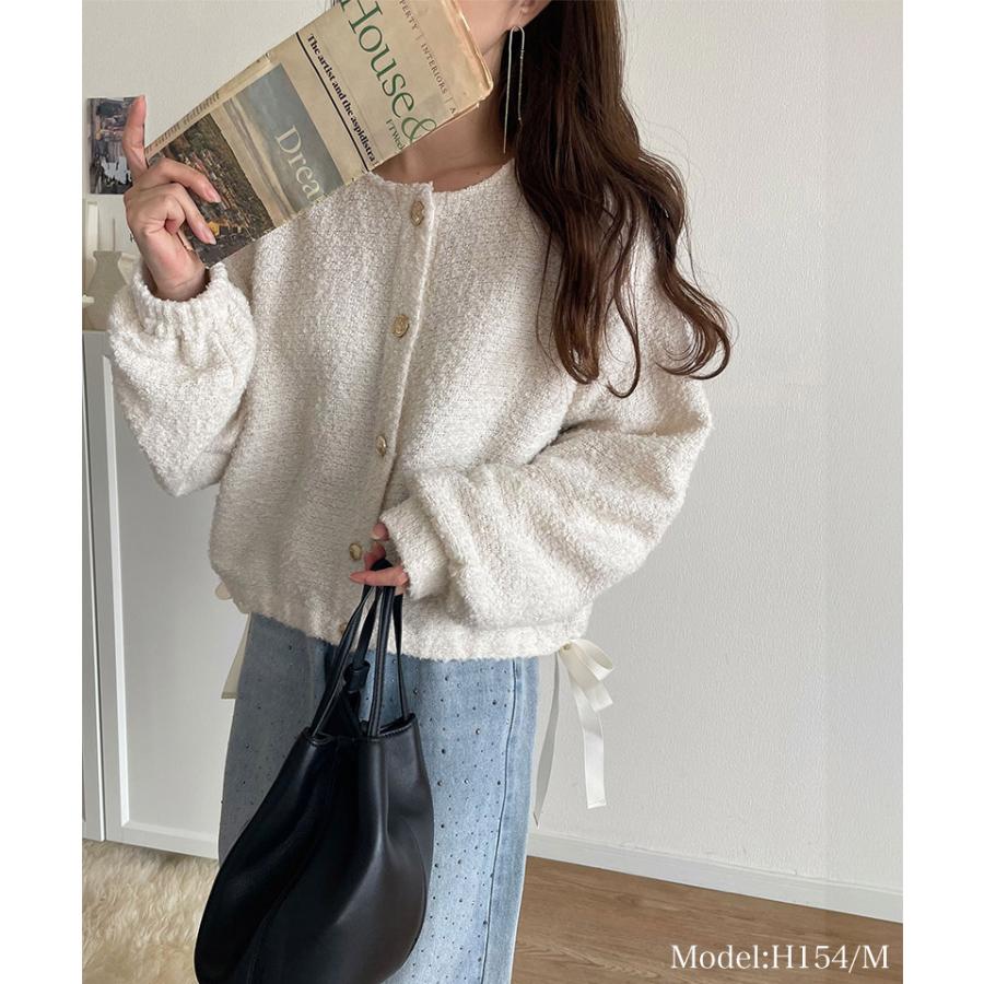 トップス カーディガン レディース ブークレ素材 ふわふわ サイドリボン ゴールド釦 ニット 前後2way ドロスト フェミニン 上品 キュート | classicalelf | 02