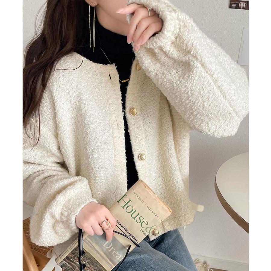 トップス カーディガン レディース ブークレ素材 ふわふわ サイドリボン ゴールド釦 ニット 前後2way ドロスト フェミニン 上品 キュート | classicalelf | 03