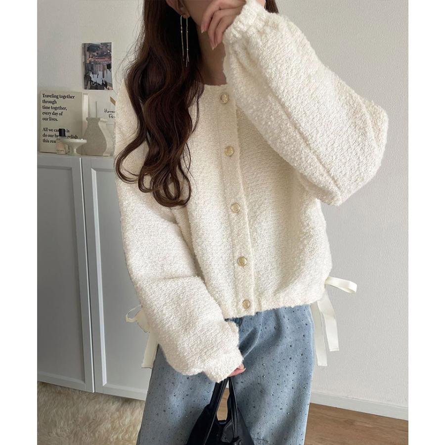 トップス カーディガン レディース ブークレ素材 ふわふわ サイドリボン ゴールド釦 ニット 前後2way ドロスト フェミニン 上品 キュート | classicalelf | 04