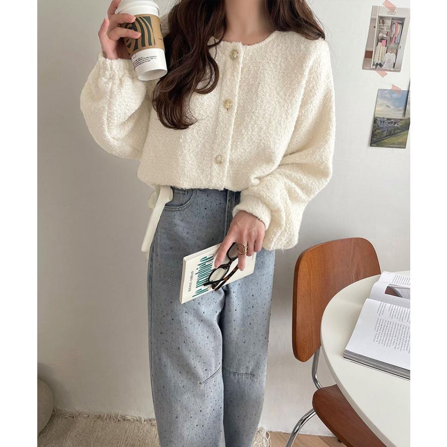 トップス カーディガン レディース ブークレ素材 ふわふわ サイドリボン ゴールド釦 ニット 前後2way ドロスト フェミニン 上品 キュート | classicalelf | 05