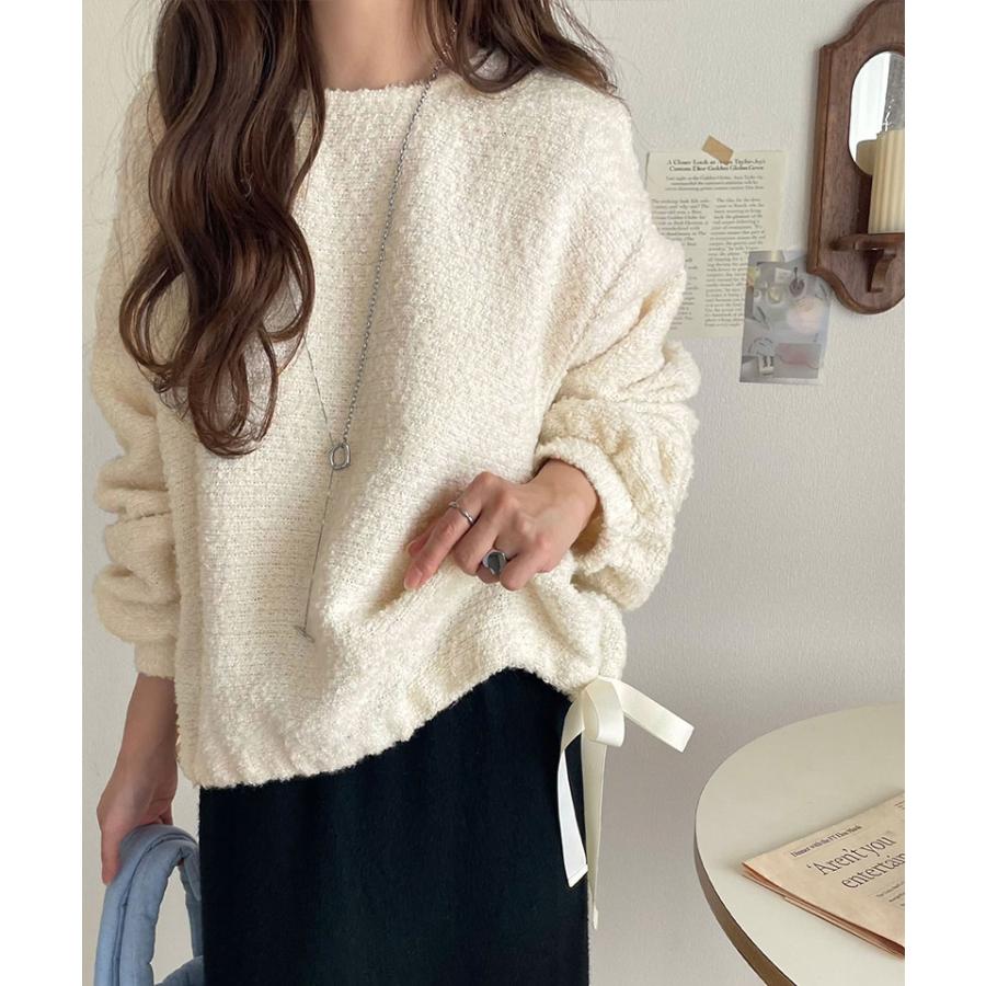 トップス カーディガン レディース ブークレ素材 ふわふわ サイドリボン ゴールド釦 ニット 前後2way ドロスト フェミニン 上品 キュート | classicalelf | 06