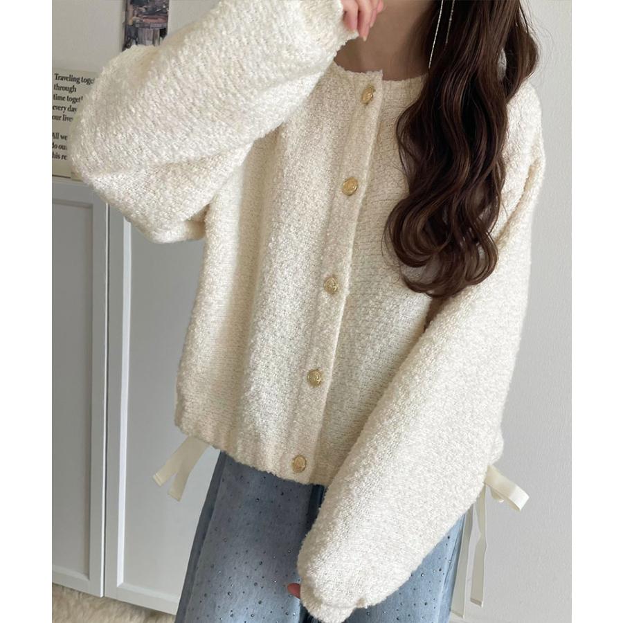 トップス カーディガン レディース ブークレ素材 ふわふわ サイドリボン ゴールド釦 ニット 前後2way ドロスト フェミニン 上品 キュート | classicalelf | 07