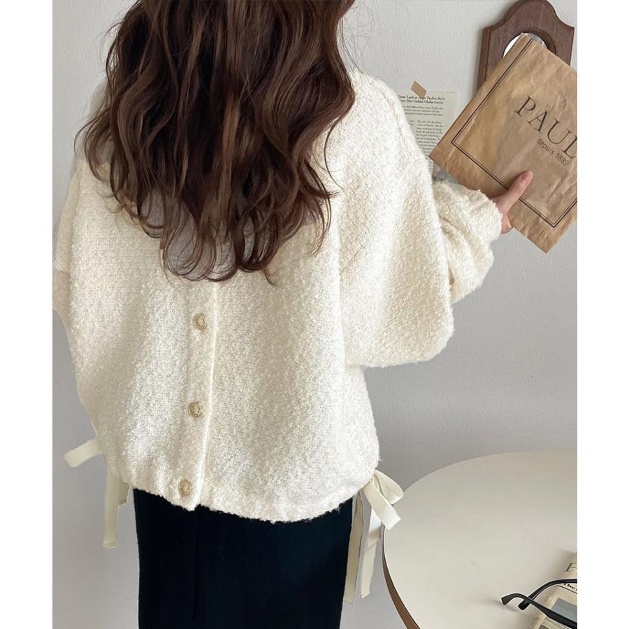 トップス カーディガン レディース ブークレ素材 ふわふわ サイドリボン ゴールド釦 ニット 前後2way ドロスト フェミニン 上品 キュート | classicalelf | 08