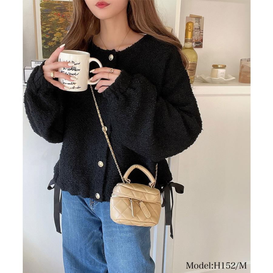 トップス カーディガン レディース ブークレ素材 ふわふわ サイドリボン ゴールド釦 ニット 前後2way ドロスト フェミニン 上品 キュート | classicalelf | 09