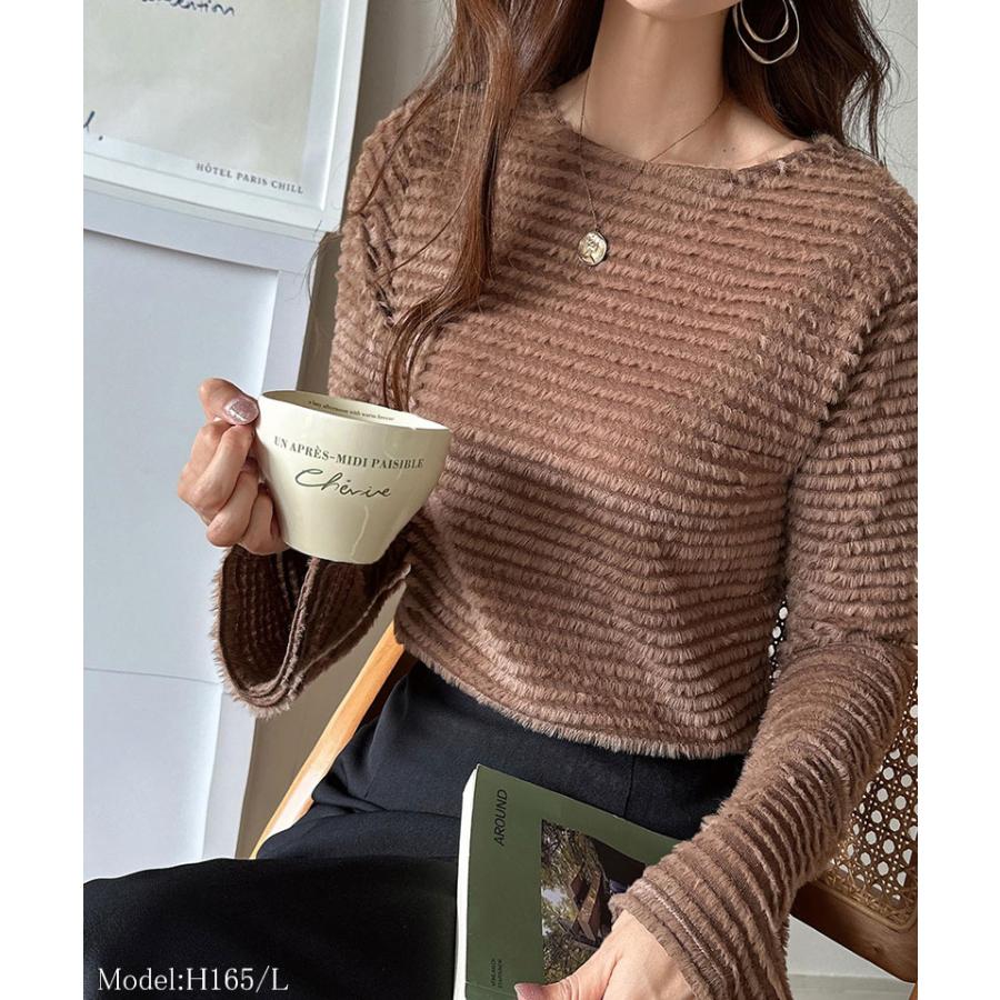 トップス Tシャツ レディース 起毛 ボーダー ジャガード 袖 フレア アシメ ティアード フリル 透け感 クルーネック インナー レイヤードコーデ | classicalelf | 10