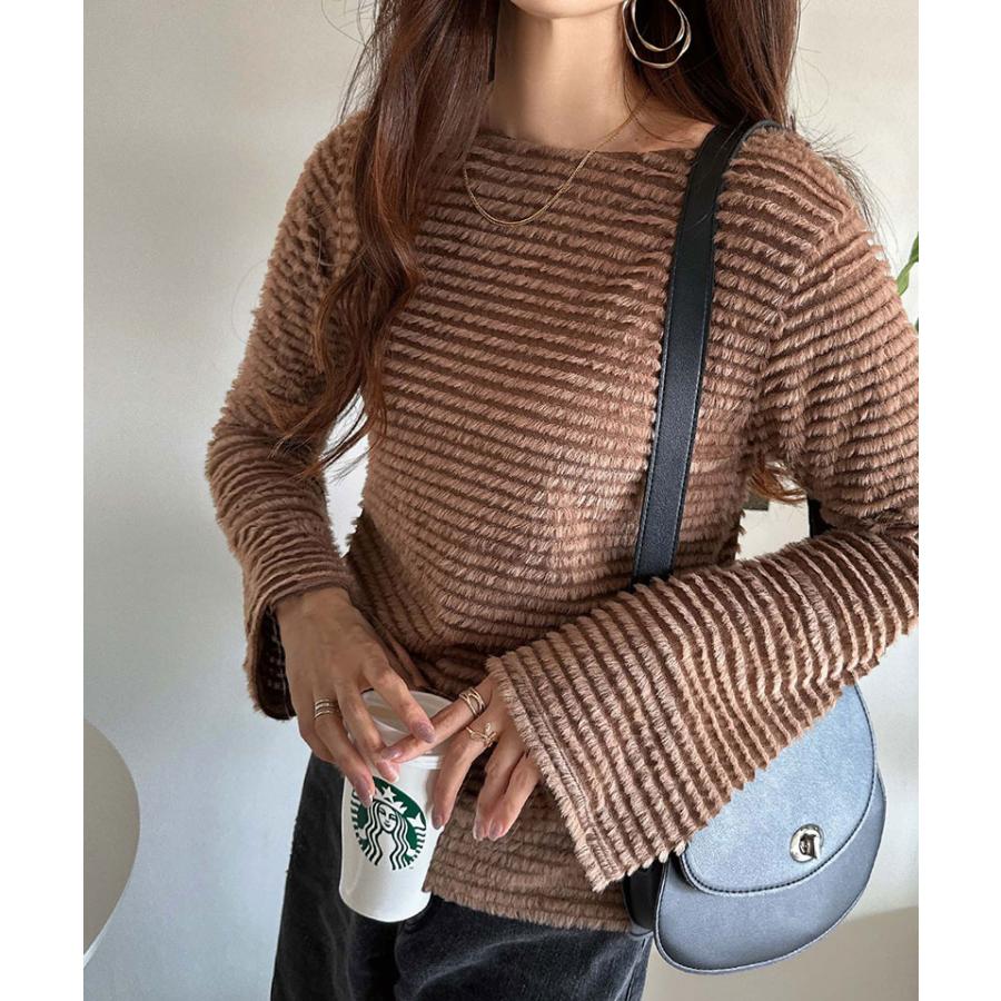 トップス Tシャツ レディース 起毛 ボーダー ジャガード 袖 フレア アシメ ティアード フリル 透け感 クルーネック インナー レイヤードコーデ | classicalelf | 11