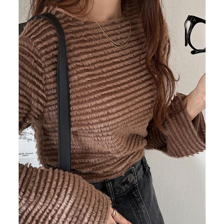 トップス Tシャツ レディース 起毛 ボーダー ジャガード 袖 フレア アシメ ティアード フリル 透け感 クルーネック インナー レイヤードコーデ | classicalelf | 12