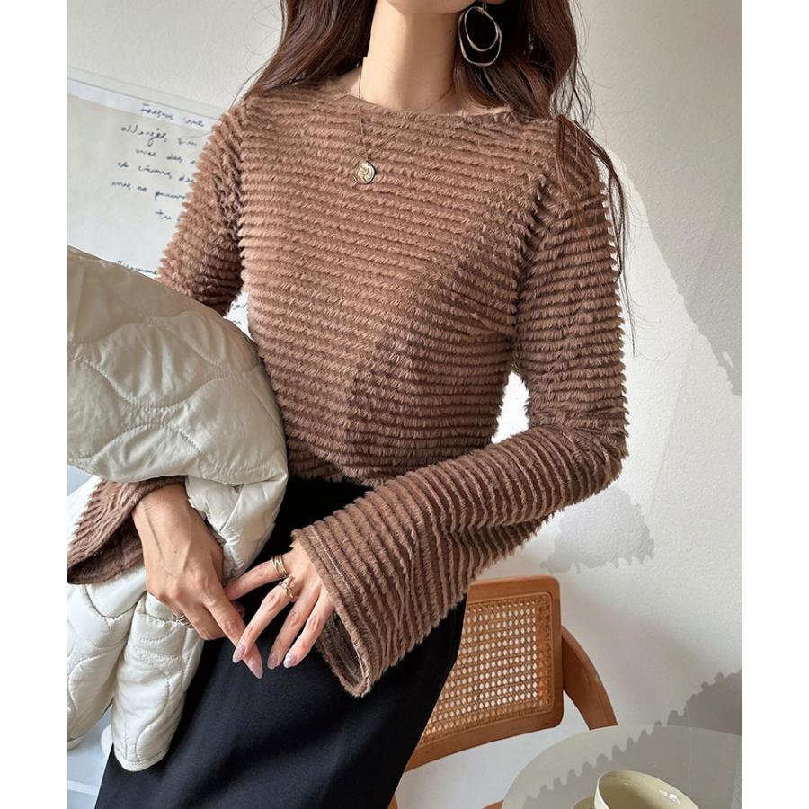 トップス Tシャツ レディース 起毛 ボーダー ジャガード 袖 フレア アシメ ティアード フリル 透け感 クルーネック インナー レイヤードコーデ | classicalelf | 14