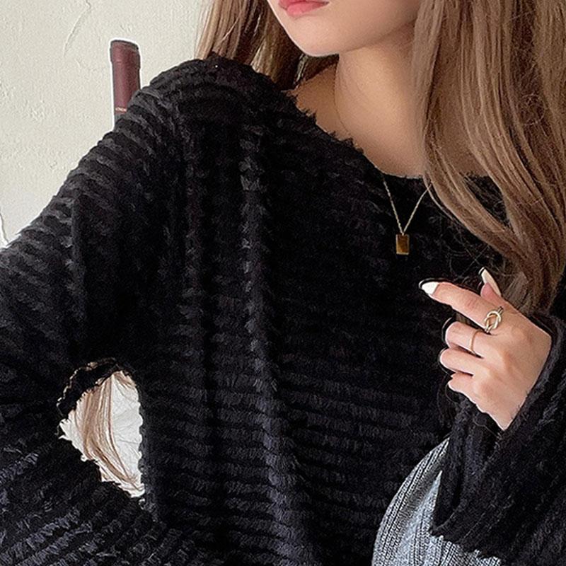 トップス Tシャツ レディース 起毛 ボーダー ジャガード 袖 フレア アシメ ティアード フリル 透け感 クルーネック インナー レイヤードコーデ | classicalelf | 18