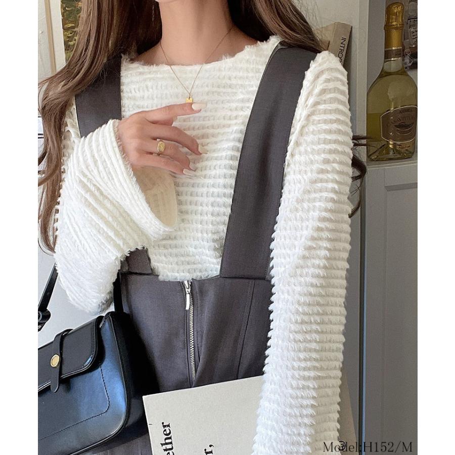 トップス Tシャツ レディース 起毛 ボーダー ジャガード 袖 フレア アシメ ティアード フリル 透け感 クルーネック インナー レイヤードコーデ | classicalelf | 02