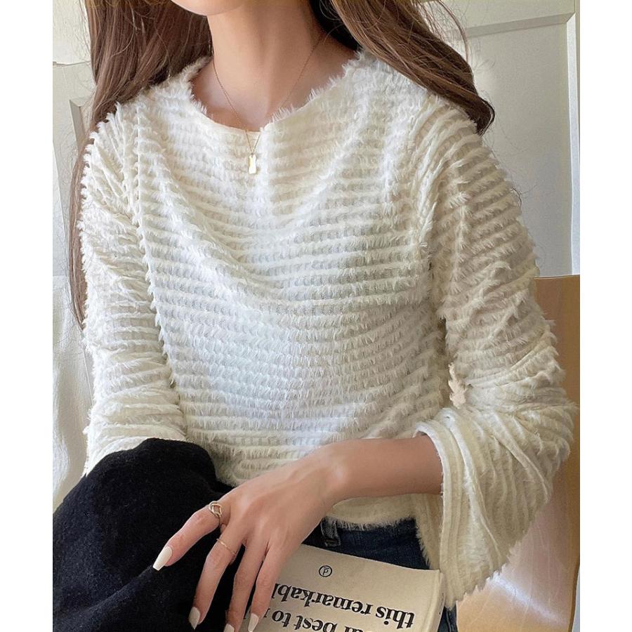 トップス Tシャツ レディース 起毛 ボーダー ジャガード 袖 フレア アシメ ティアード フリル 透け感 クルーネック インナー レイヤードコーデ | classicalelf | 04