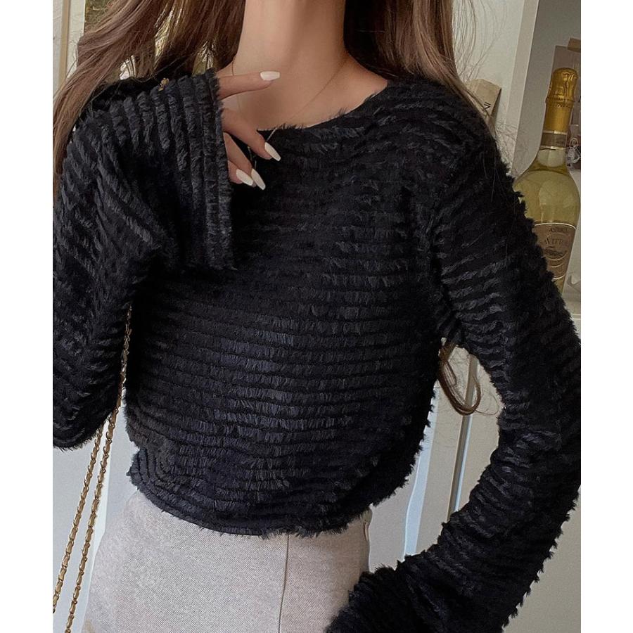 トップス Tシャツ レディース 起毛 ボーダー ジャガード 袖 フレア アシメ ティアード フリル 透け感 クルーネック インナー レイヤードコーデ | classicalelf | 07