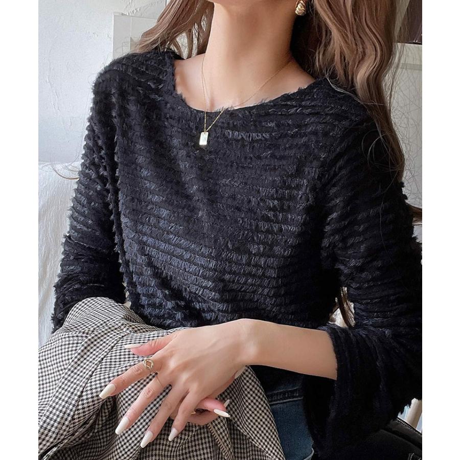 トップス Tシャツ レディース 起毛 ボーダー ジャガード 袖 フレア アシメ ティアード フリル 透け感 クルーネック インナー レイヤードコーデ | classicalelf | 08