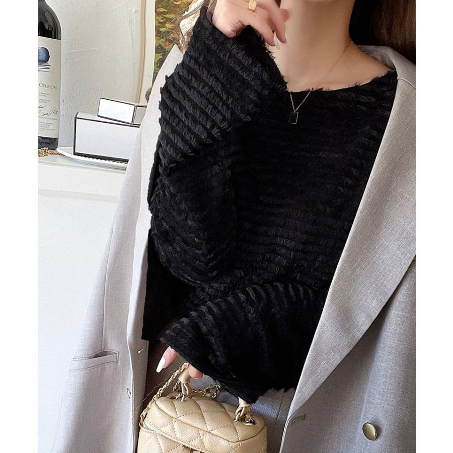 トップス Tシャツ レディース 起毛 ボーダー ジャガード 袖 フレア アシメ ティアード フリル 透け感 クルーネック インナー レイヤードコーデ | classicalelf | 09