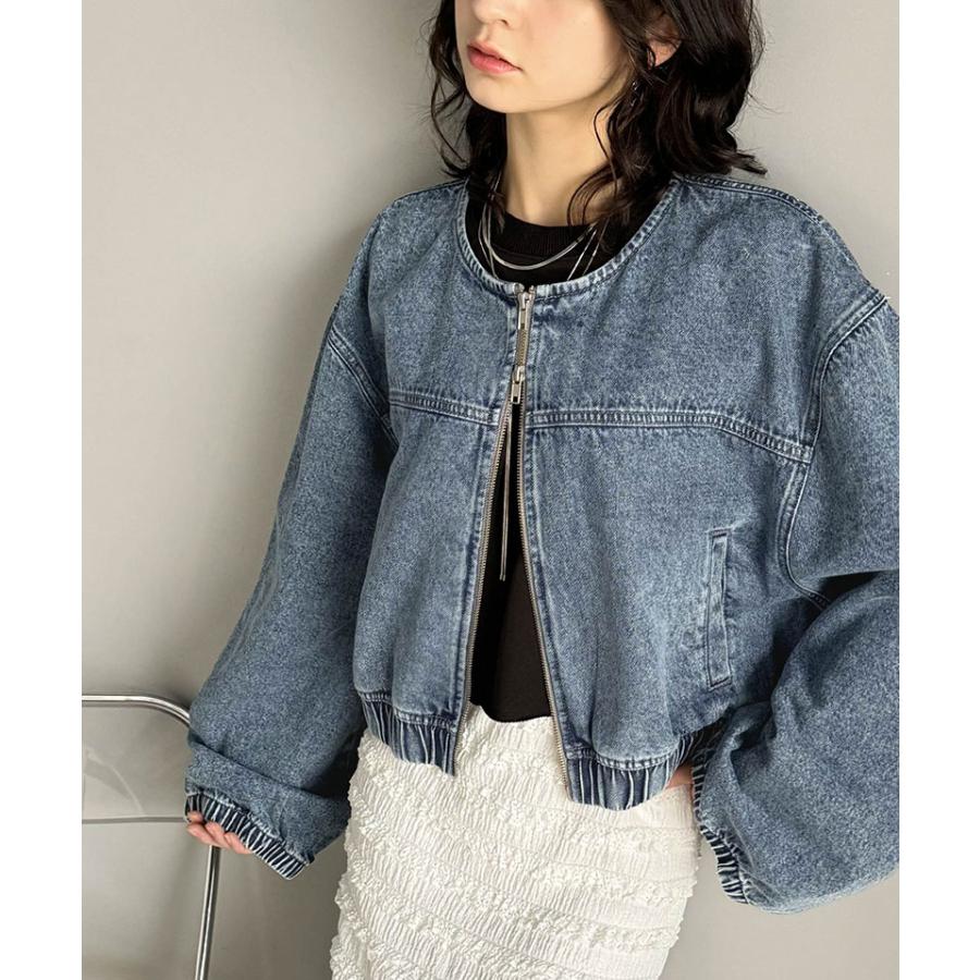 アウター ジャケット レディース 綿 100% ダブルジップ 首元 すっきり ノーカラー デニム ブルゾン ショート丈 スタイルアップ ロングシーズン | classicalelf | 13