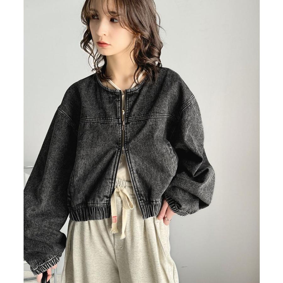アウター ジャケット レディース 綿 100% ダブルジップ 首元 すっきり ノーカラー デニム ブルゾン ショート丈 スタイルアップ ロングシーズン | classicalelf | 06
