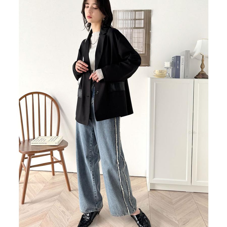 アウター ジャケット レディース レザー ライク 切替 ダブル テーラード JK 上品見え サイド | classicalelf | 13