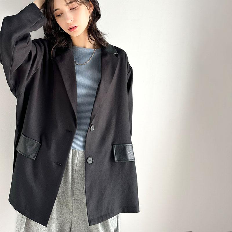 アウター ジャケット レディース レザー ライク 切替 ダブル テーラード JK 上品見え サイド | classicalelf | 18