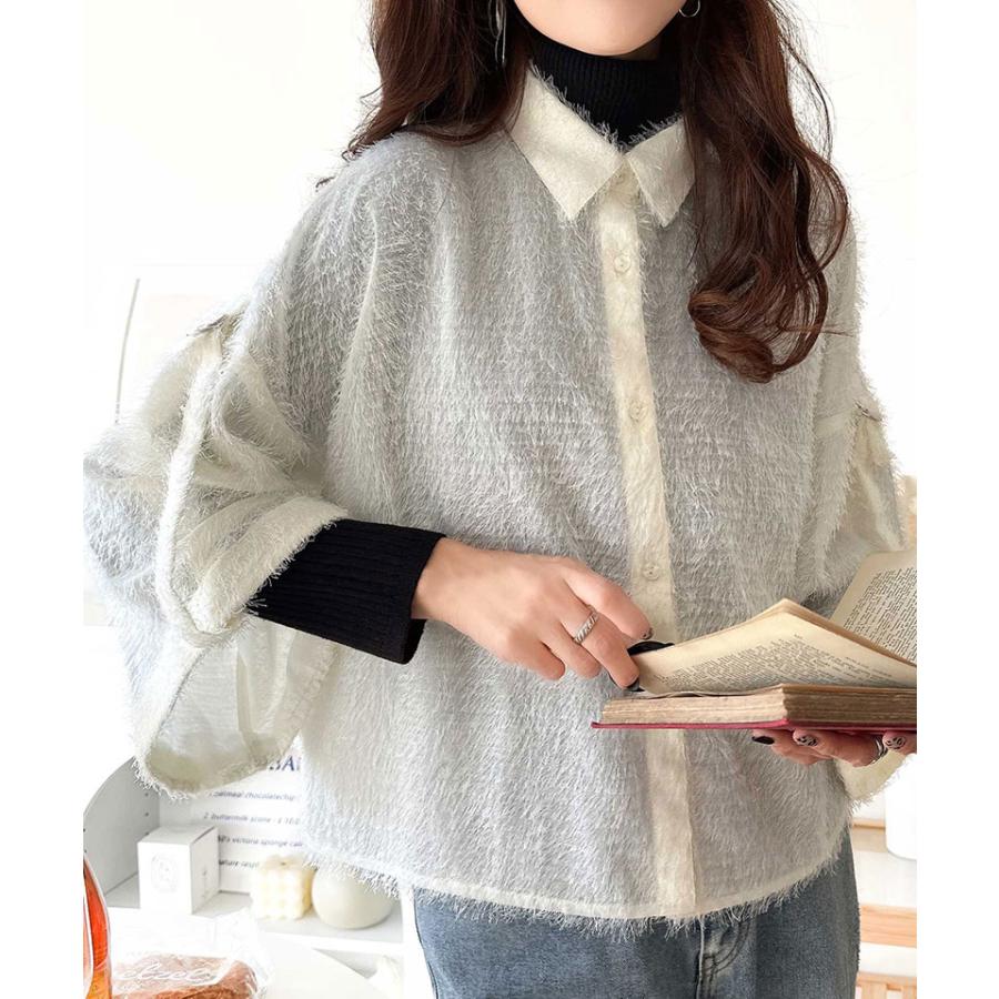トップス カーディガン レディース ふわっと 軽やか シアー フェザー 素材 ロール アップス リーブ シャツ カーデ ゆるっと オーバーサイズ | classicalelf | 04