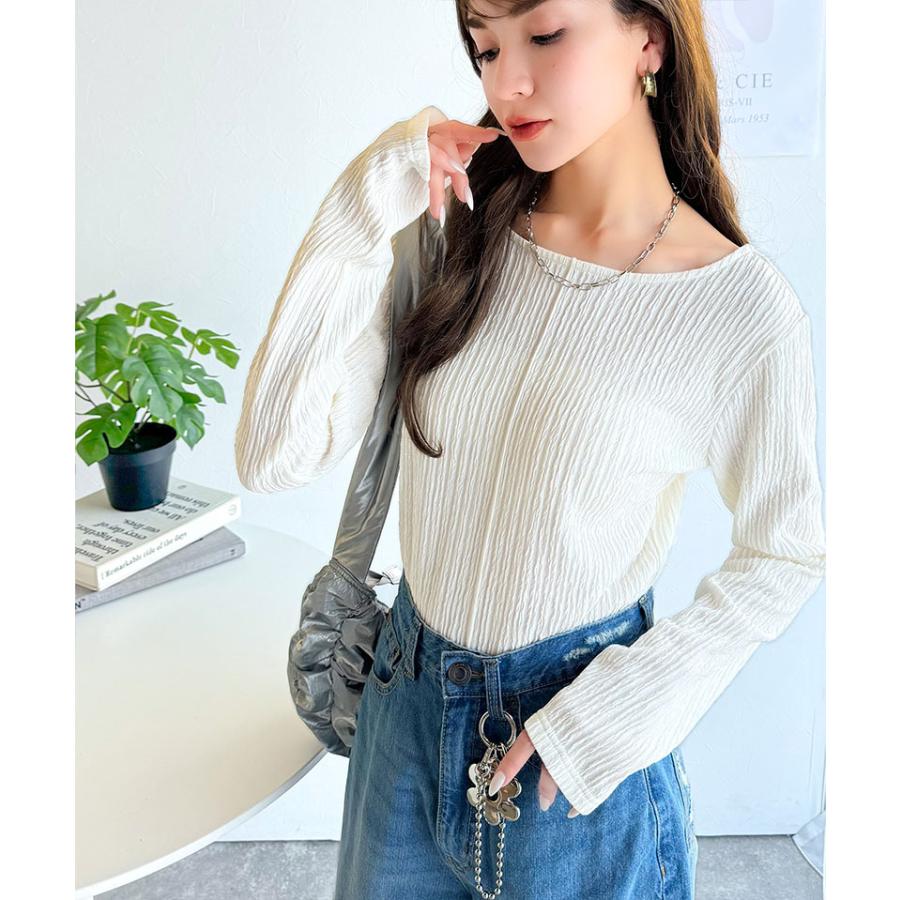 トップス Tシャツ レディース 前後 2way バック オープン 煌めき ストライプ ジャガード 素材 プルオーバー 長袖 ゆるっと オーバーサイズ | classicalelf | 04