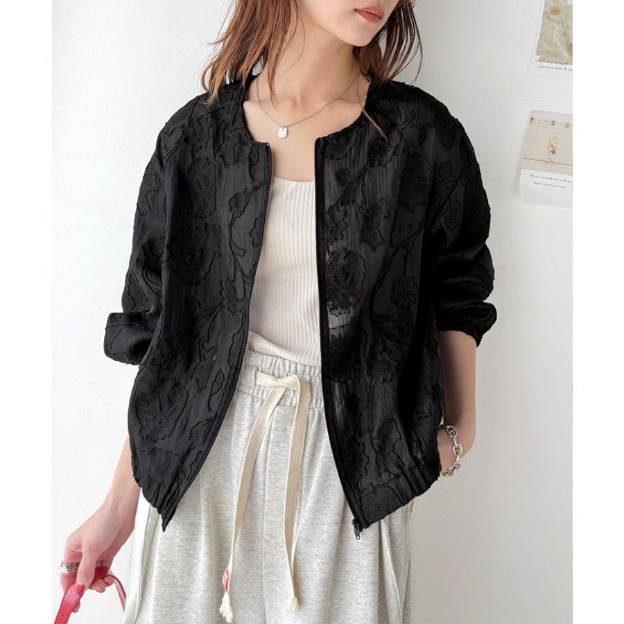 アウター ジャケット レディース シアー 素材 花柄 オーガンジー ノーカラー ブルゾン ショート丈 ボリュームスリーブ ジップアップ 長袖 大きいサイズ | classicalelf | 10