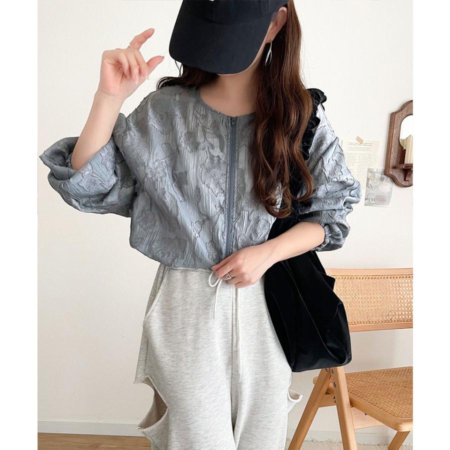 アウター ジャケット レディース シアー 素材 花柄 オーガンジー ノーカラー ブルゾン ショート丈 ボリュームスリーブ ジップアップ 長袖 大きいサイズ | classicalelf | 13