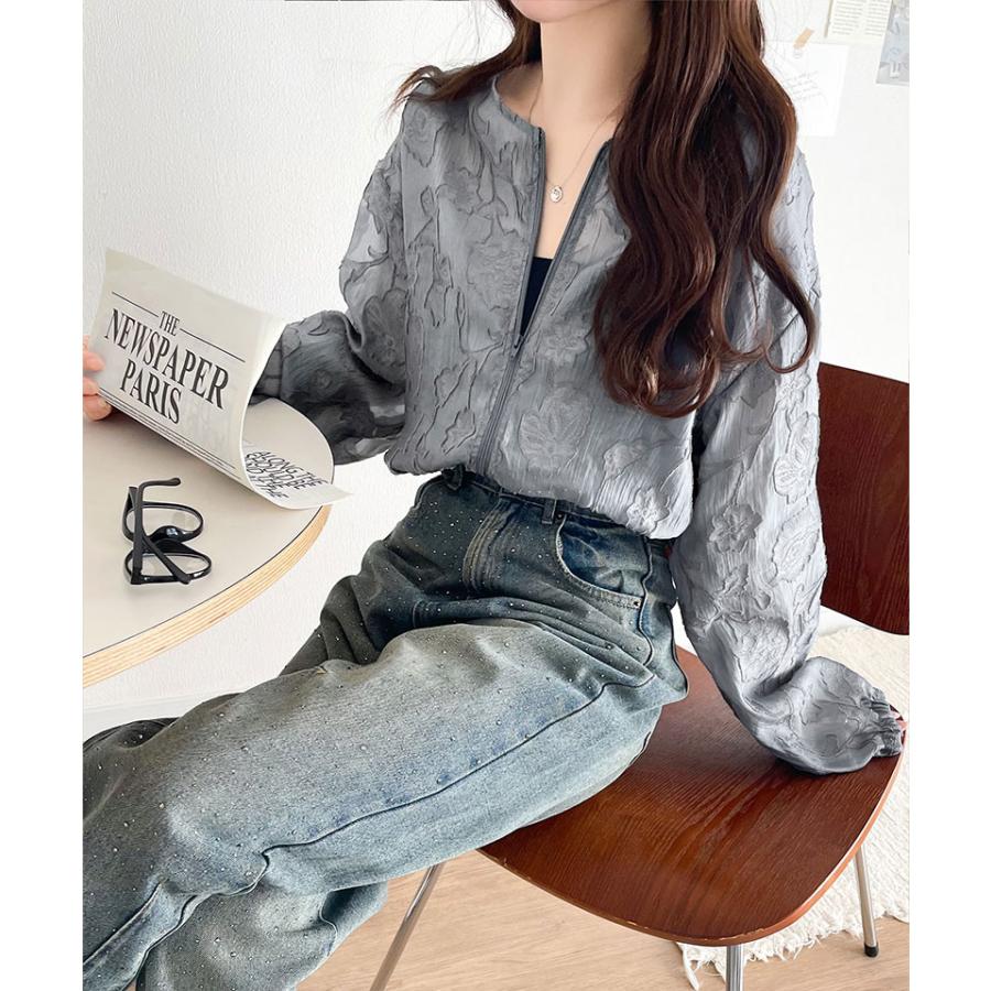 アウター ジャケット レディース シアー 素材 花柄 オーガンジー ノーカラー ブルゾン ショート丈 ボリュームスリーブ ジップアップ 長袖 大きいサイズ | classicalelf | 14