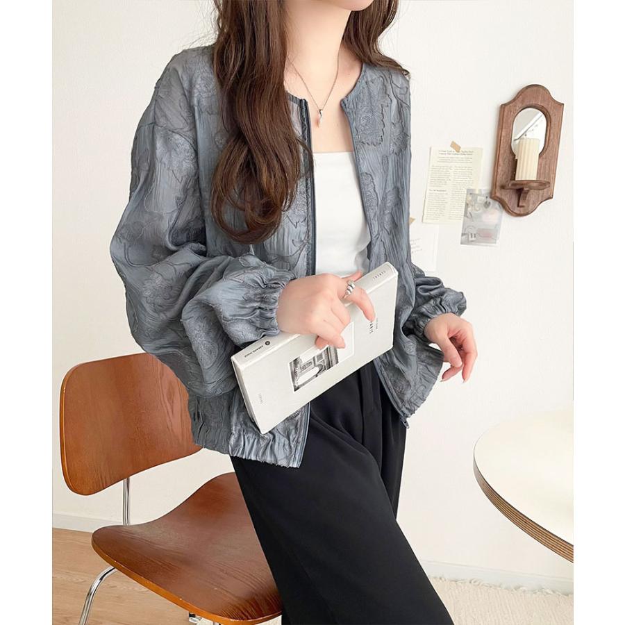 アウター ジャケット レディース シアー 素材 花柄 オーガンジー ノーカラー ブルゾン ショート丈 ボリュームスリーブ ジップアップ 長袖 大きいサイズ | classicalelf | 15