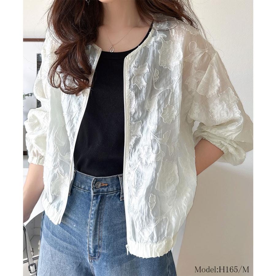 アウター ジャケット レディース シアー 素材 花柄 オーガンジー ノーカラー ブルゾン ショート丈 ボリュームスリーブ ジップアップ 長袖 大きいサイズ | classicalelf | 02
