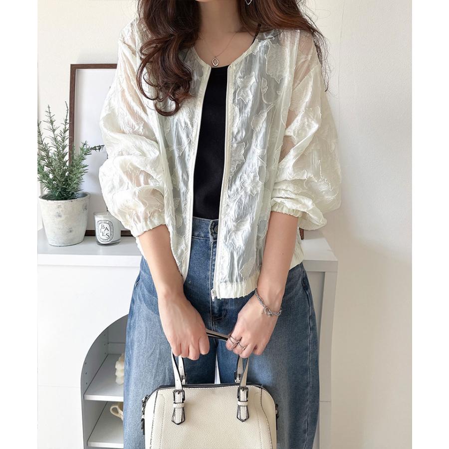 アウター ジャケット レディース シアー 素材 花柄 オーガンジー ノーカラー ブルゾン ショート丈 ボリュームスリーブ ジップアップ 長袖 大きいサイズ | classicalelf | 03