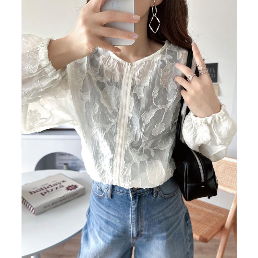 アウター ジャケット レディース シアー 素材 花柄 オーガンジー ノーカラー ブルゾン ショート丈 ボリュームスリーブ ジップアップ 長袖 大きいサイズ | classicalelf | 04