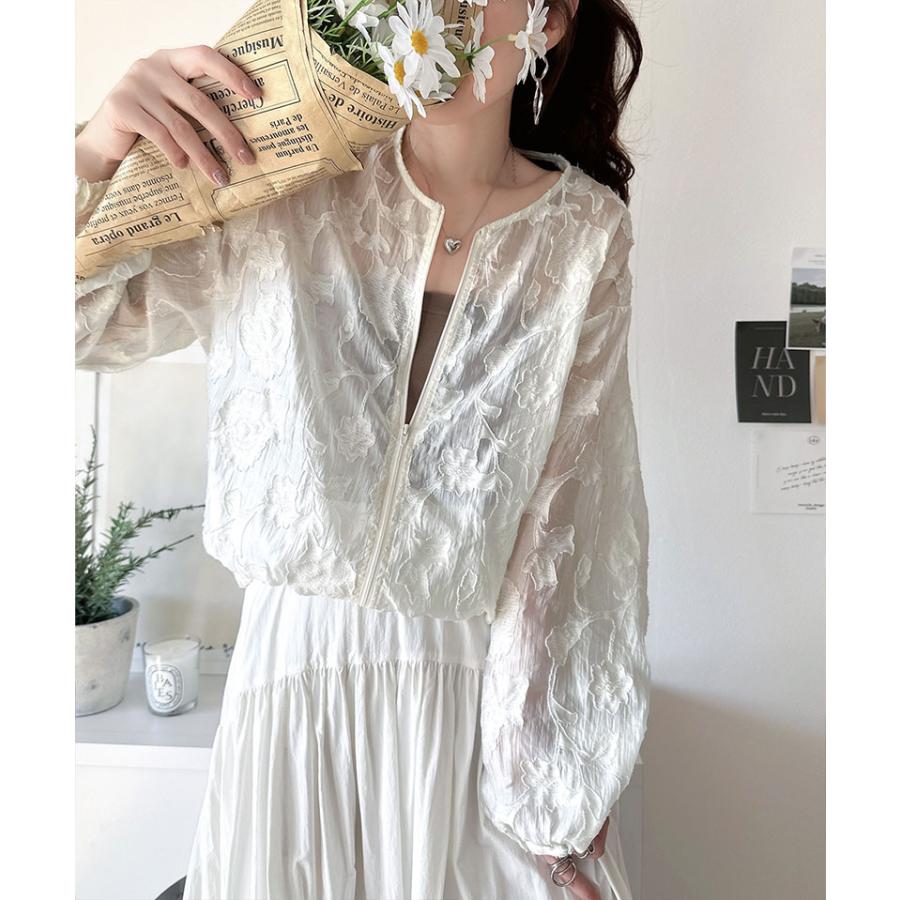 アウター ジャケット レディース シアー 素材 花柄 オーガンジー ノーカラー ブルゾン ショート丈 ボリュームスリーブ ジップアップ 長袖 大きいサイズ | classicalelf | 05