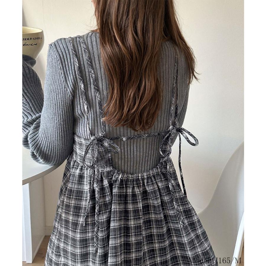 【 クラシカルエルフ classical elf 】ワンピース レディース きれいめ カジュアル 秋 微起毛素材 チェック柄 ダブル ストラップ バック リボン | classicalelf | 02