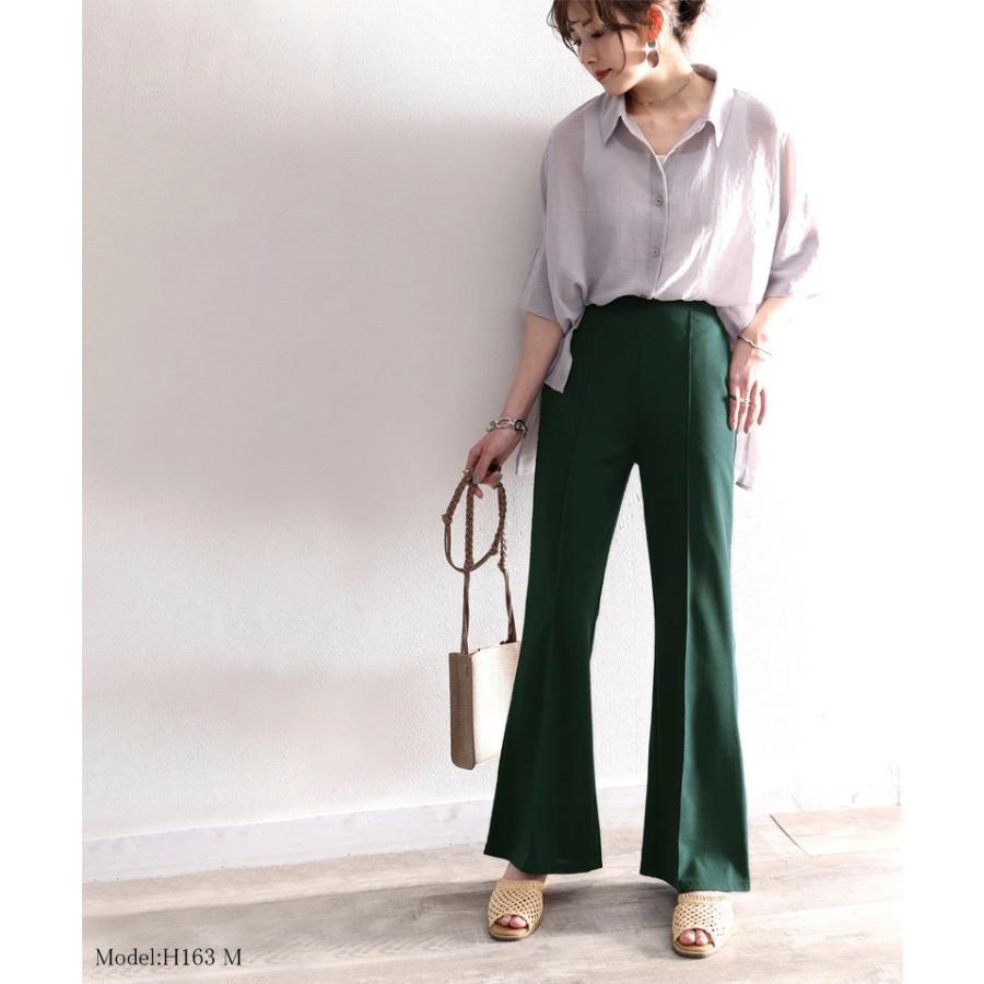 レディース 大きいサイズ 小さいサイズ パンツ ボトムス フレアパンツ センタープレス ストレッチ ウエストゴム セミフレア 美脚シルエット カットソ | classicalelf | 02
